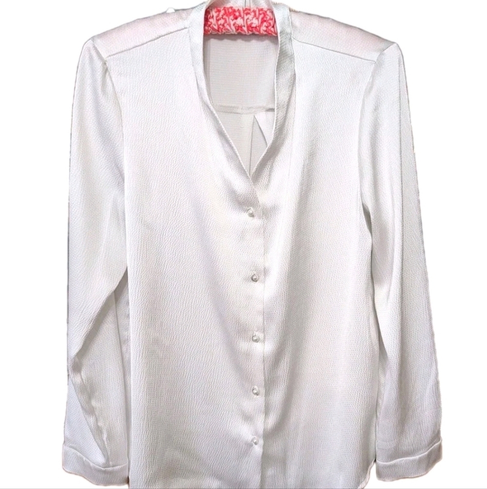 Adrianna Papell Womens Blouse White V-Neck Pearl Buttons Long Slve Med Career